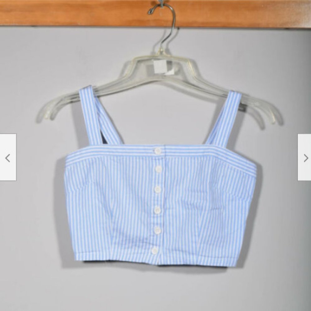 Forever 21 Blue White Stripe Canvas Button Up Cropped Sleeveless Top Sz M